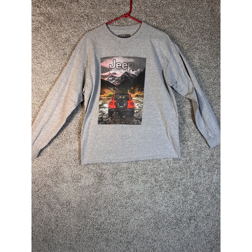 Jeep Mountain Range Long Sleeve T Shirt Sz‎ L Gray Crew Neck Cotton Blend Casual